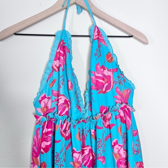 Hazel & Olive Women's Dress Turquoise Floral Halter Deep V Maxi High Low Ruffle - Picture 3 of 13